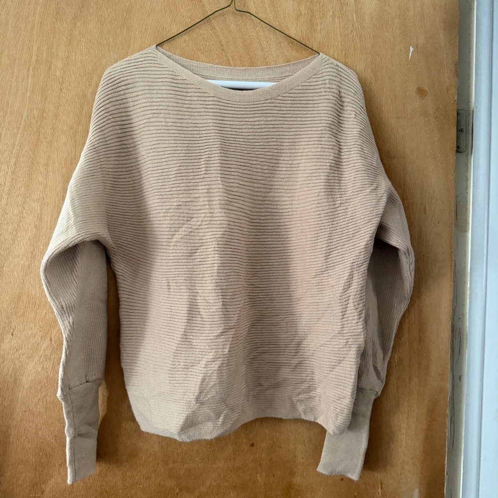 Tan Beige Ribbed Knit Long Sleeve Pullover Sweater Large